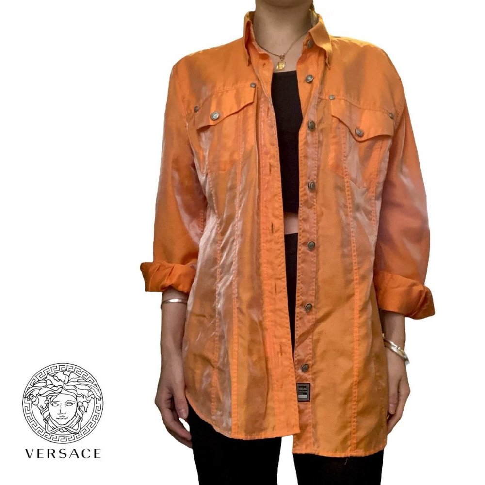 gianni versace jeans couture orange iridescent button up shirt S/M
